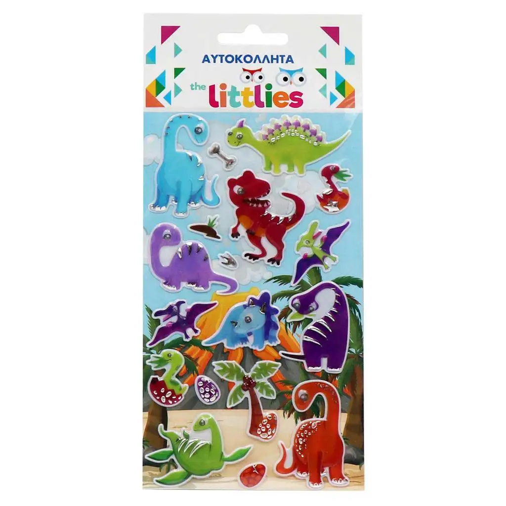 The Littlies: Sada 3D vypuklých nálepiek s dinosaurovým motívom na liste 10 × 22 cm