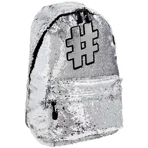 Spirit: Hashtag Silver školská taška s flitrami, batoh v striebornej farbe 41x32x21cm