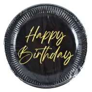 Elegantné čierno-zlaté papierové taniere s nápisom "Happy Birthday", 8 ks, 23 cm