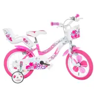 Flappy 14” detský bicykel s košíkom a sedačkou pre bábiku v ružovo-bielej farbe – bicykel Dino Bikes