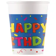 Modro-biele papierové poháre s nápisom "Happy Birthday", 8 ks, 200 ml