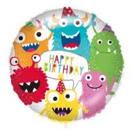 Narodeninový fóliový balón – s nápisom „Happy Birthday“, s farebným vzorom príšeriek, 46 cm