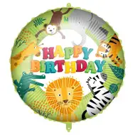 Narodeninový fóliový balón – s nápisom „Happy Birthday“, s motívom džungľových zvierat, 46 cm