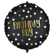 Narodeninový fóliový balón – s nápisom "Birthday Boy", čierno-zlatý s hviezdami, 46 cm