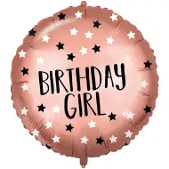 Narodeninový fóliový balón – s nápisom "Birthday Girl", ružovo-zlaté hviezdy, 46 cm