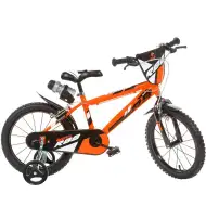 R88 14” detský bicykel s držiakom na fľašu a pomocnými kolieskami v oranžovo-čiernej farbe – bicykel Dino Bikes