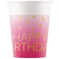 Ružové papierové poháre s nápisom "Happy Birthday", 8 ks sada, 200 ml