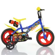 Sam, hasič 12" detský bicykel s držiakom na fľašu a bočnými kolieskami v modro-žltej farbe – bicykel Dino Bikes