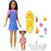 Bábika Barbie v šatách so srdiečkami, súprava na babysitting – Mattel